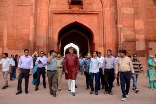 Patel reviews the progress of ongoing work at the Red Fort
