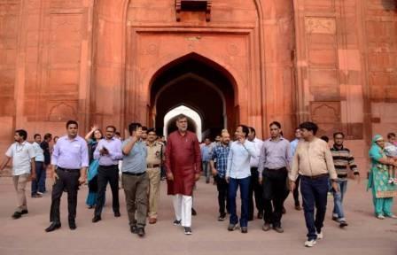 Patel reviews the progress of ongoing work at the Red Fort