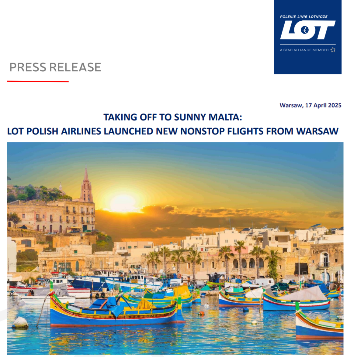 LOT Airlines launches flight from Polland to Malta