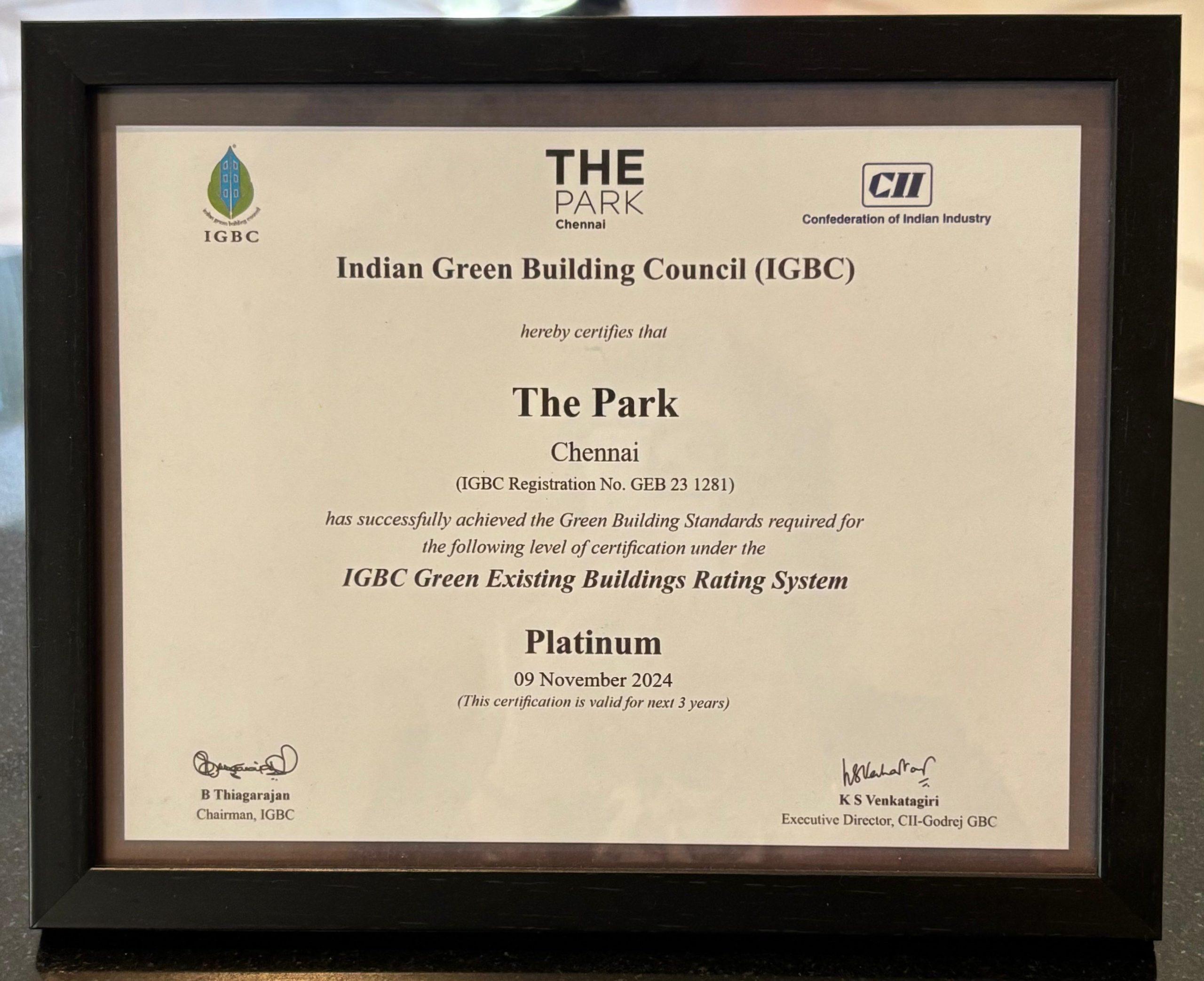 THE Park Hotels awarded ‘IGBC Green Building – Platinum Certificate’